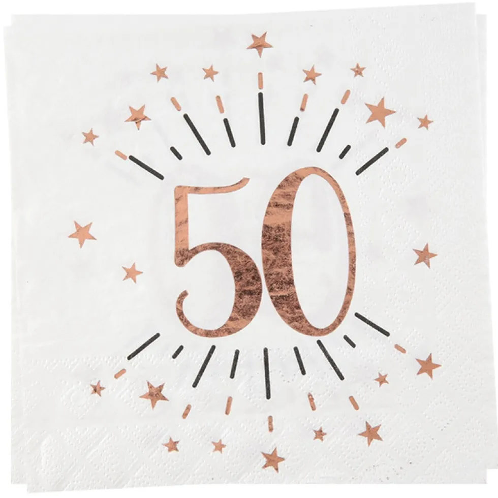 Roseguldglittriga servetter 50 år 10-pack