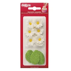 Sockerdekorationer Vita blommor med blad 12-pack