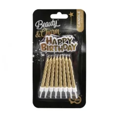 Tårtljus Guld 16-pack med Happy Birthday skylt